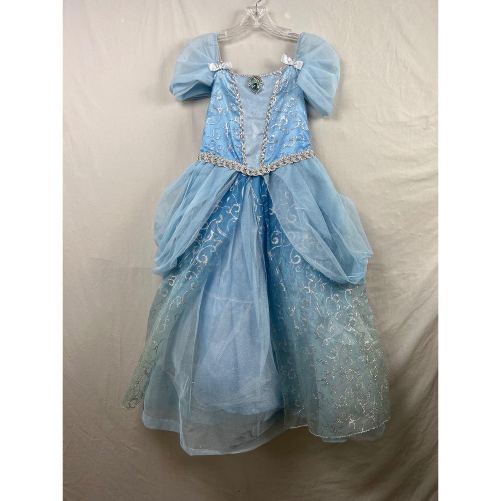 Disney Store Cinderella Costume Dress Girls Size 10 Blue Silver Glitter Ballgown